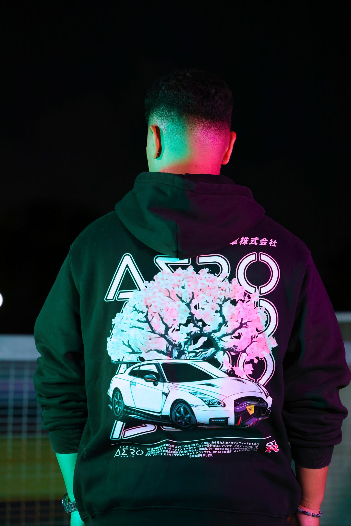 The Godzilla Hoodie, black heavyweight hoodie with R35 GT-R graphic (view 1)