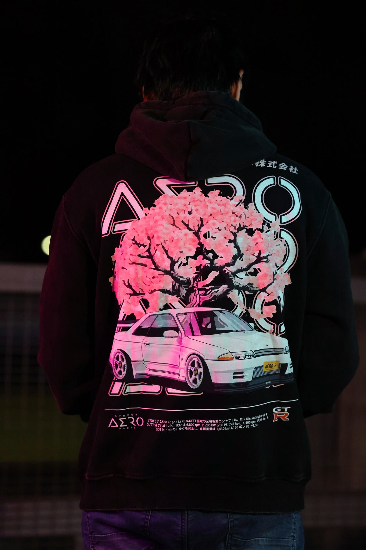 The Origins Hoodie, black heavyweight hoodie with R32 GT-R rear graphic (view 1)
