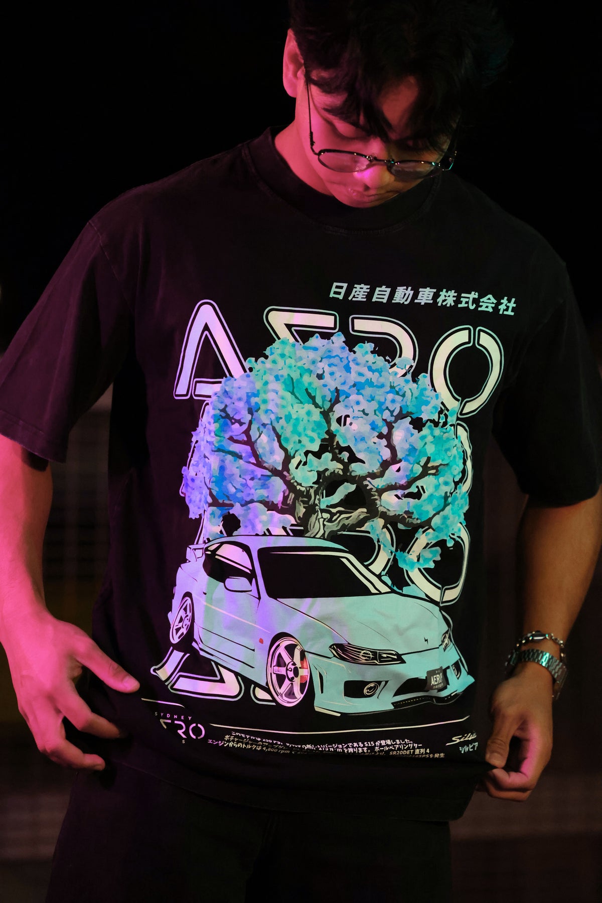 The Tiffany Tee, washed black oversized tee with Tiffany Blue S15 print (view 1)