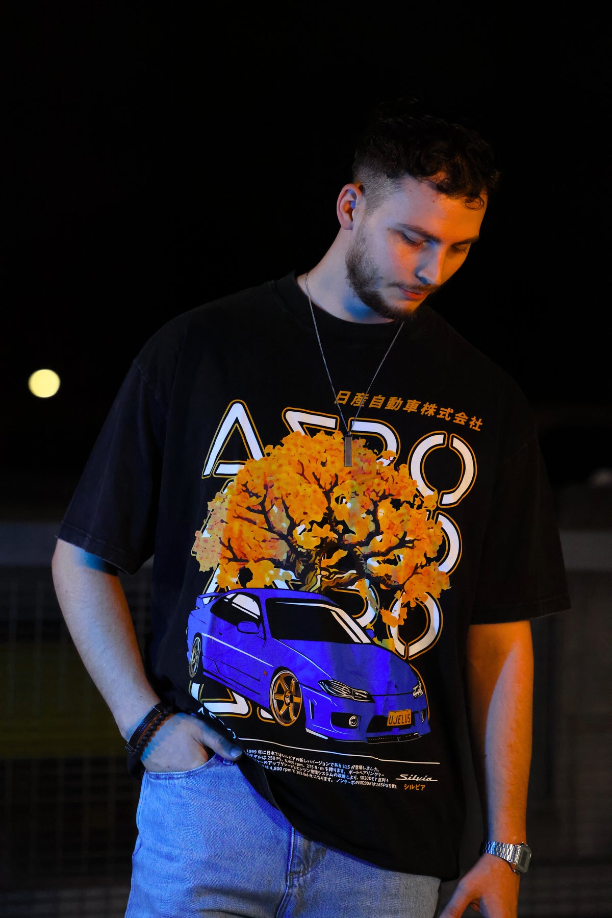 The UJELUS Tee, washed black oversized tee with blue S15 Silvia print (view 2)