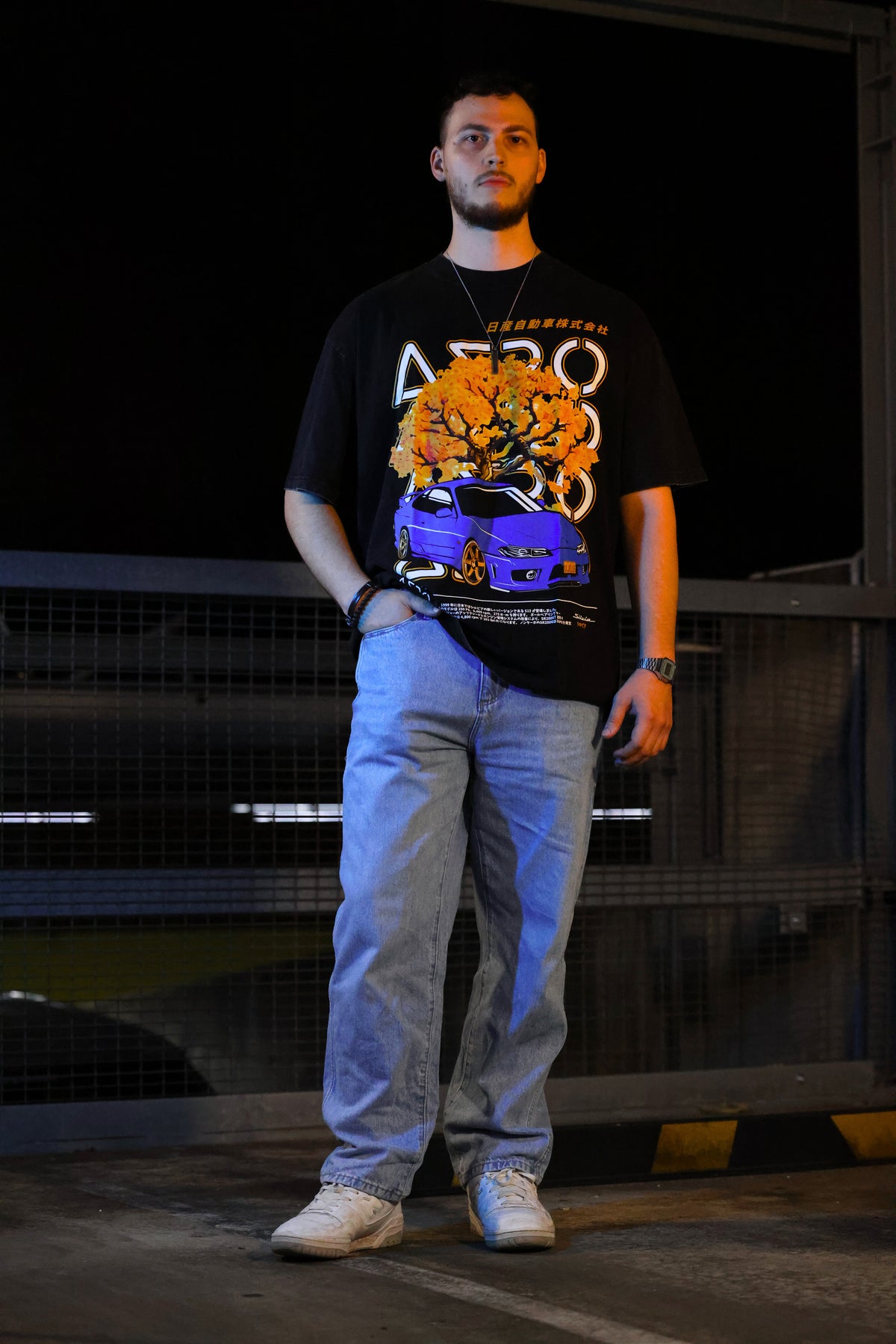 The UJELUS Tee, washed black oversized tee with blue S15 Silvia print (view 3)