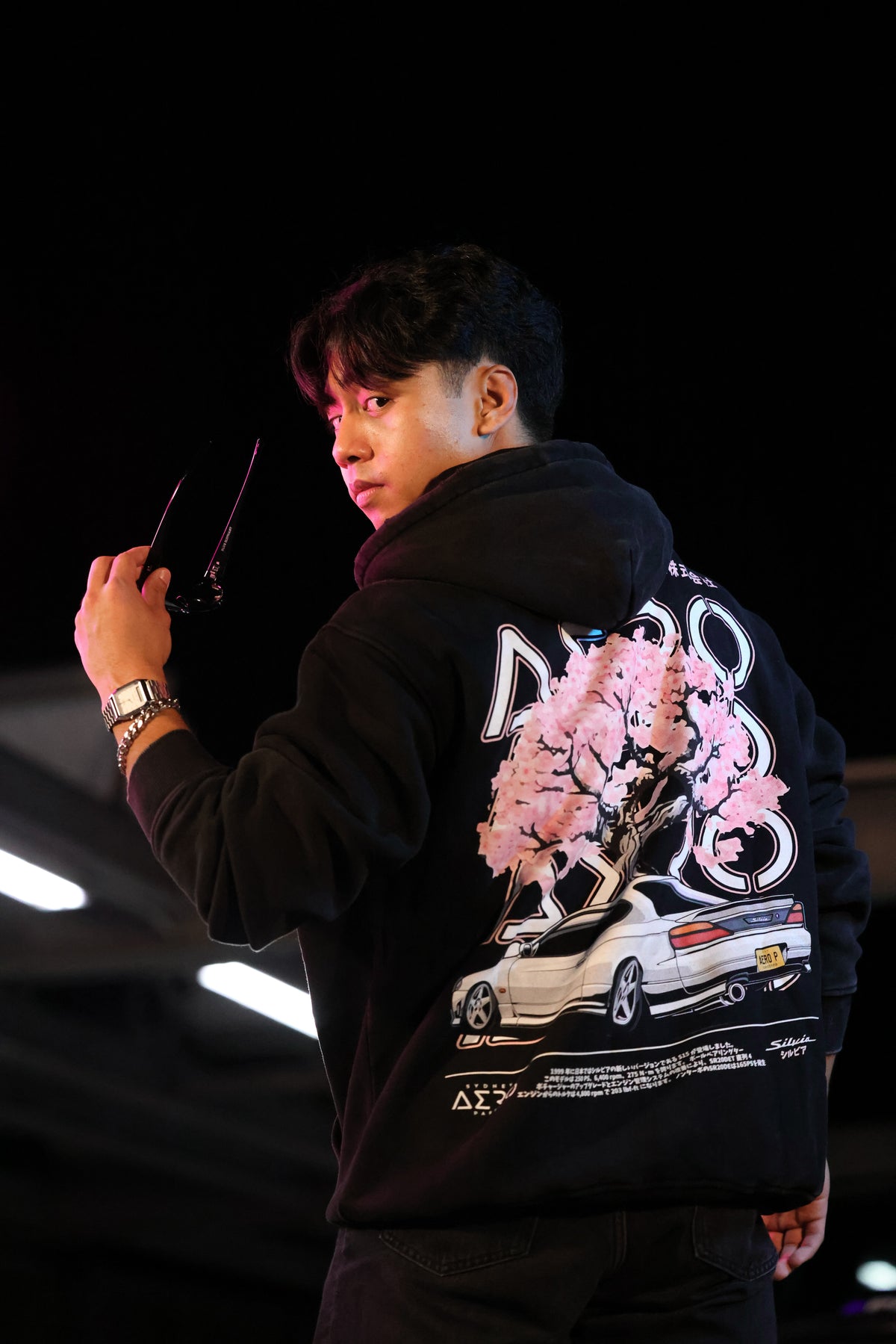 The Oversteer Hoodie, black heavyweight hoodie with S15 rear graphic (view 2)