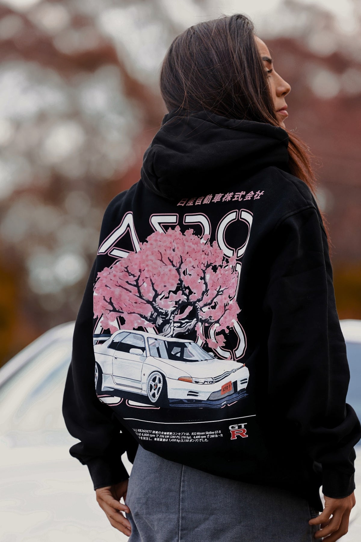 The Origins Hoodie, black heavyweight hoodie with R32 GT-R rear graphic (view 2)